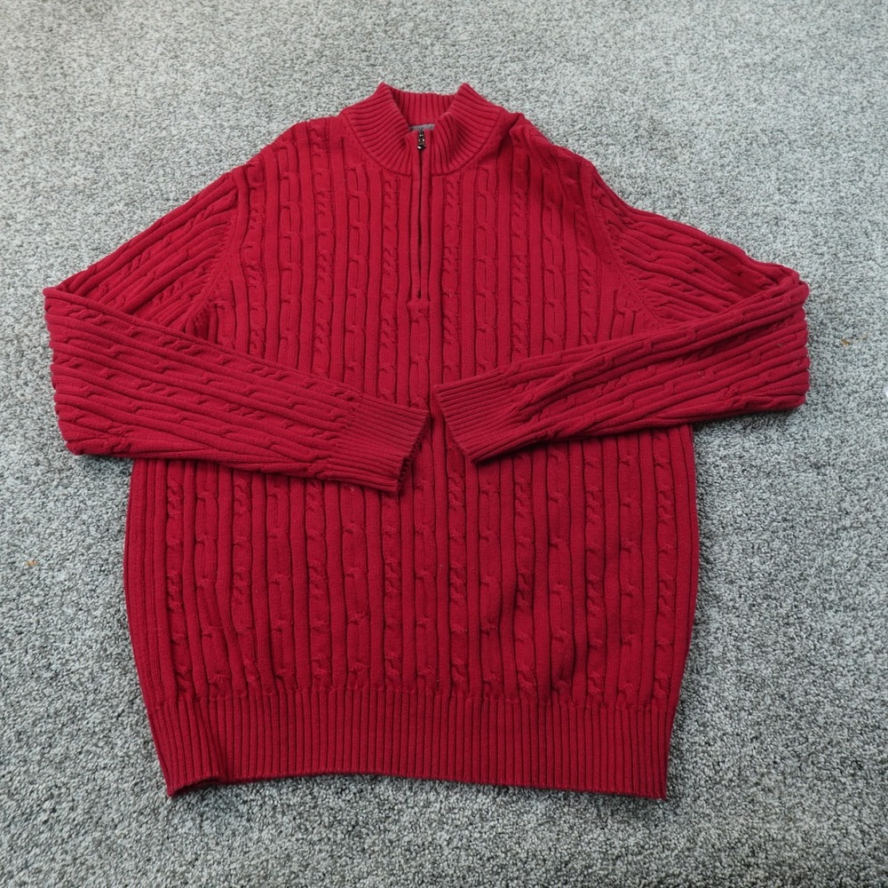 IZOD Sweater Mens 2XL Red Aran Cable Knit 1/4 Zip Mock Neck Pullover Fisherman